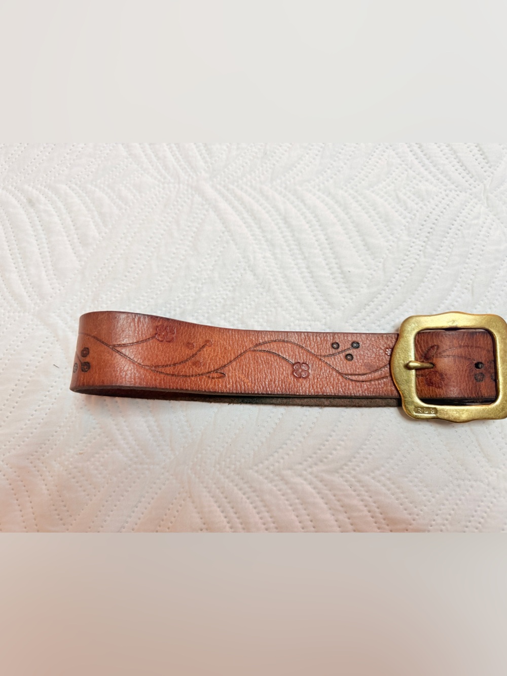 LRL-Lauren Ralph Lauren Vintage Women’s Brown Leather Floral Boho Belt. Size 34 - Picture 5 of 6